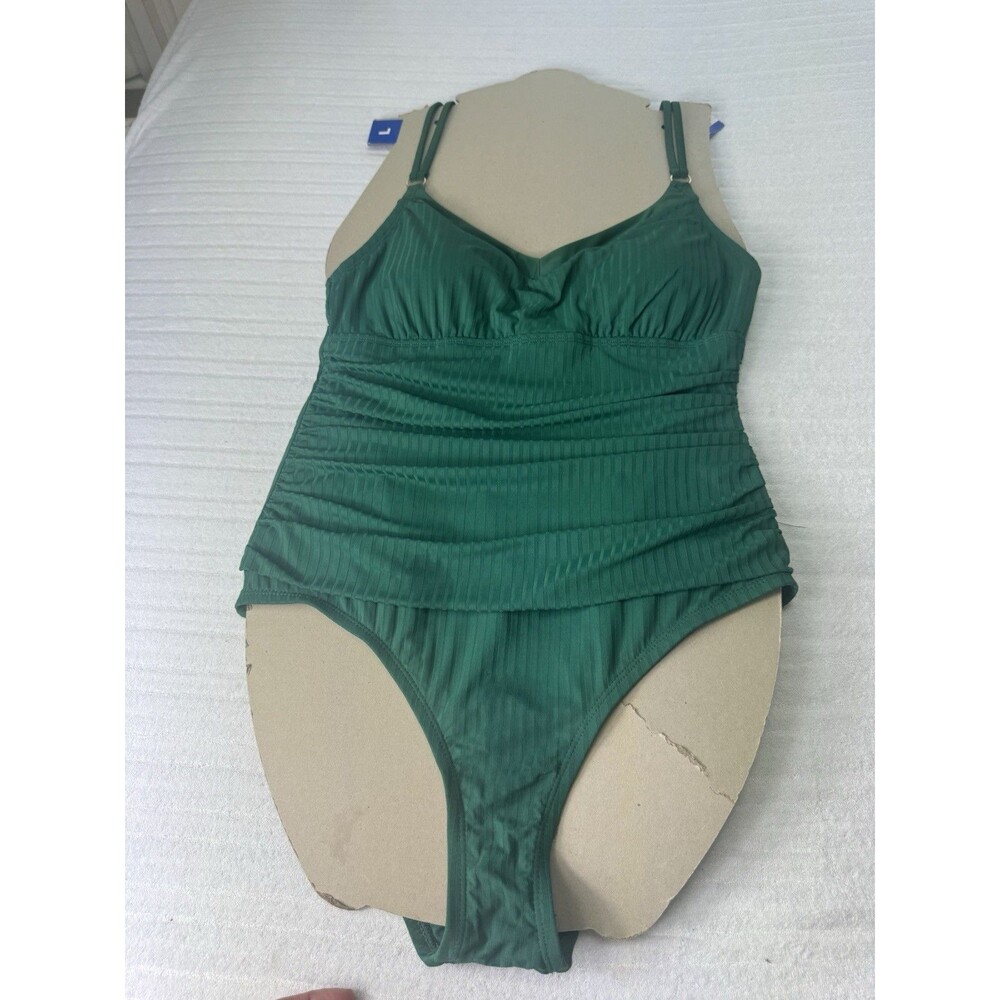 Ellen Tracy Women’s Green Ruched One-Piece Swimsuit Adjustable Straps